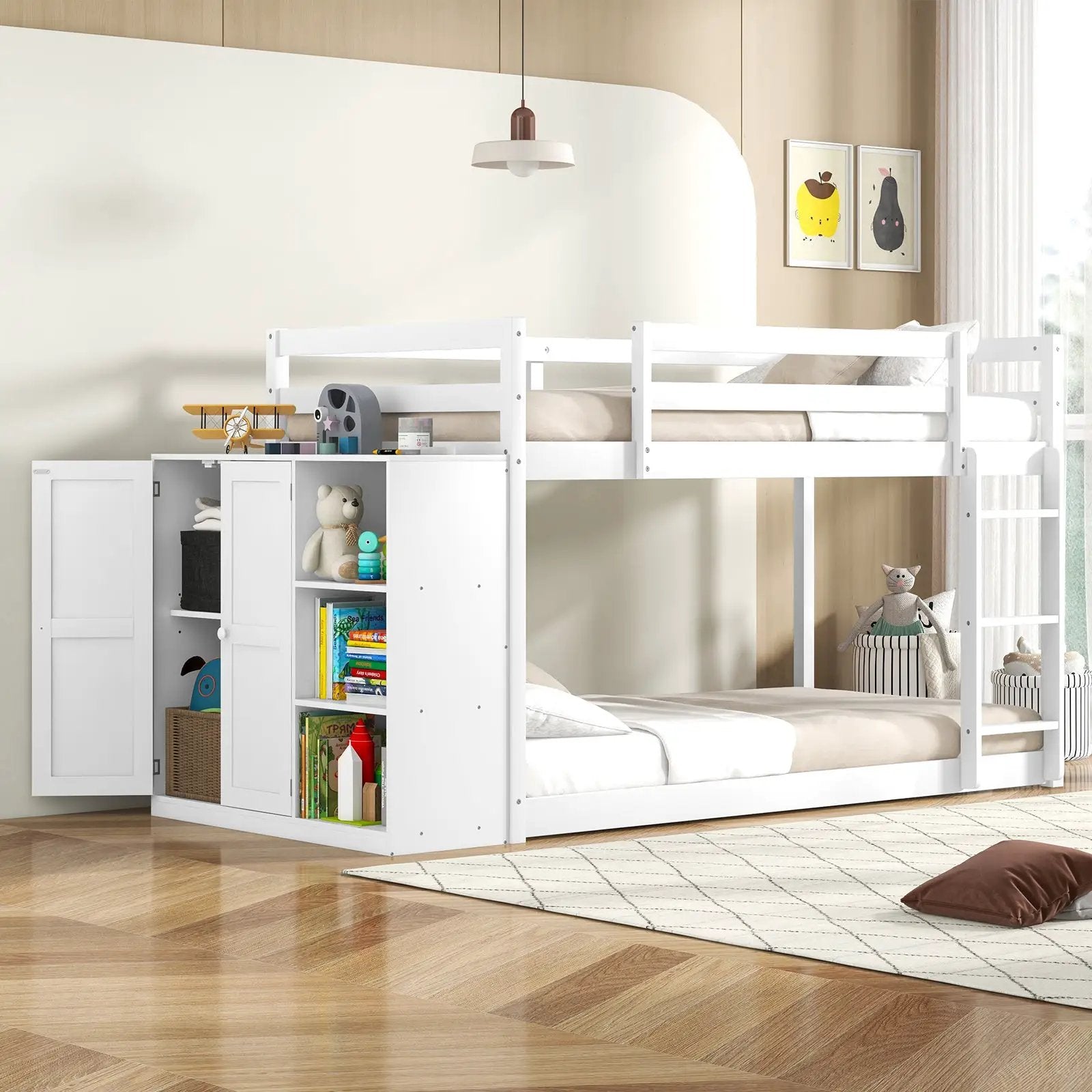 Twin Size Bunk Bed with Convertible Bookcase and Ladder-White by DirectDeals