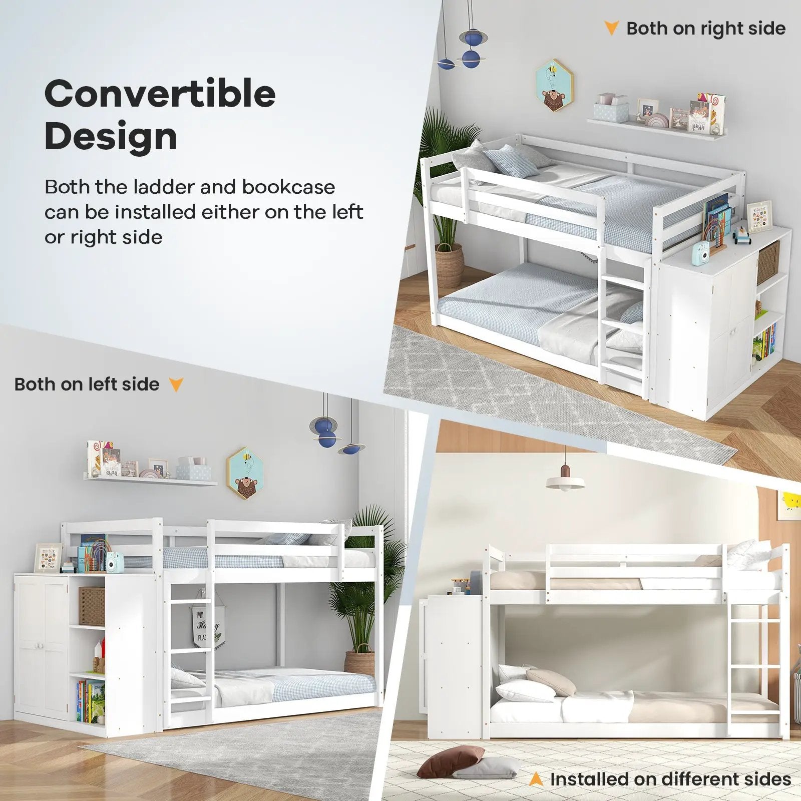 Twin Size Bunk Bed with Convertible Bookcase and Ladder-White by DirectDeals