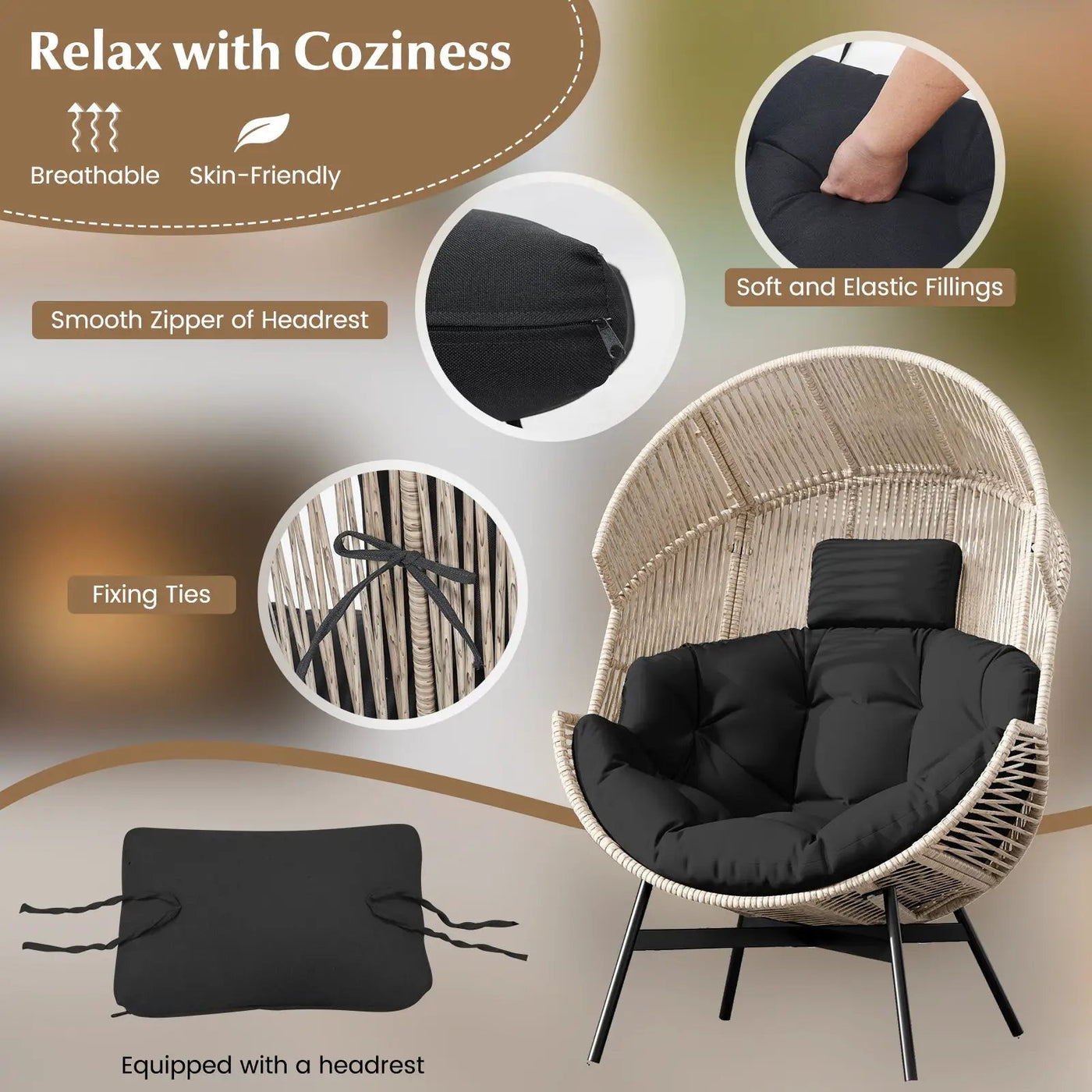 Wicker Oversized Egg Style Chair with Cushions and Headrest by DirectDeals