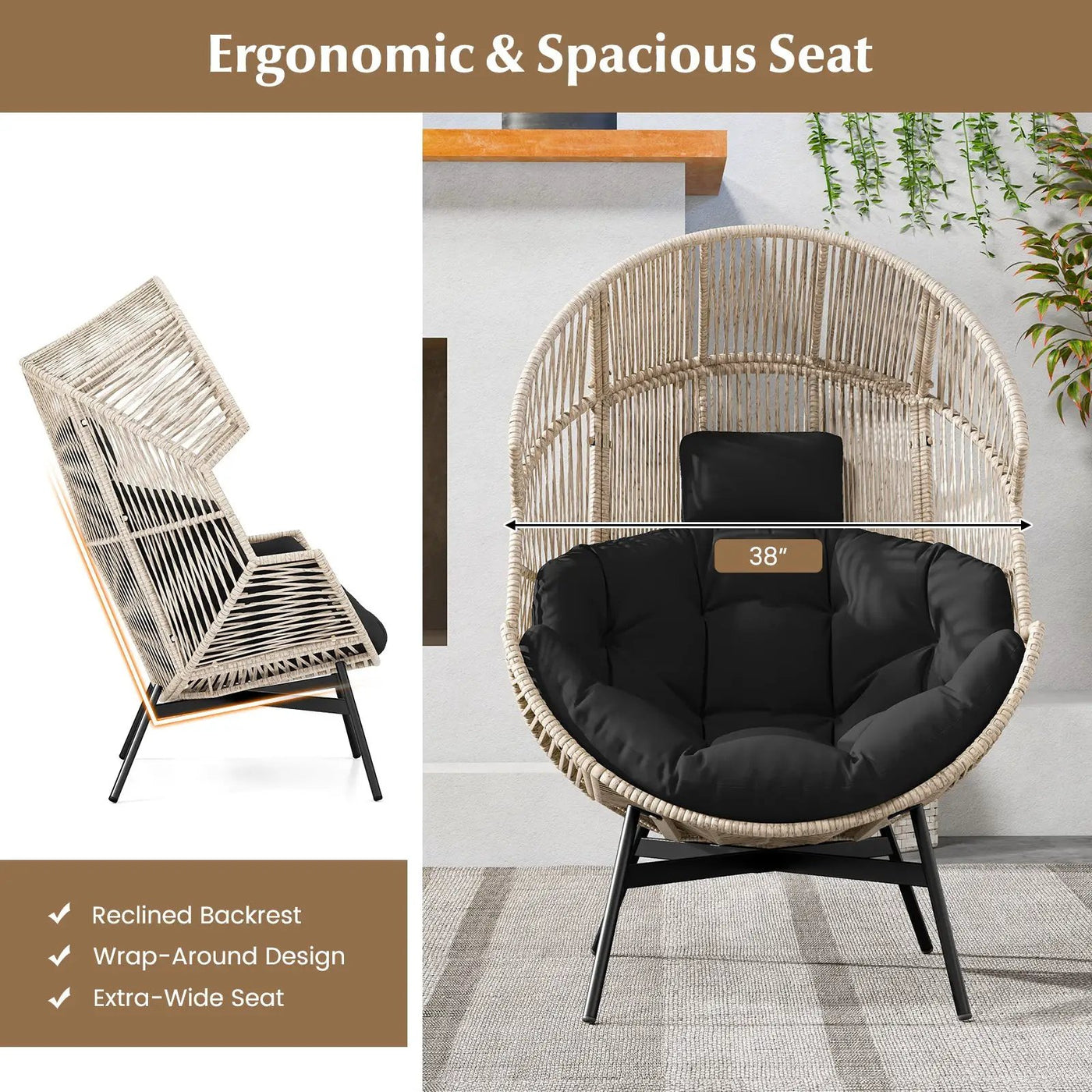 Wicker Oversized Egg Style Chair with Cushions and Headrest by DirectDeals