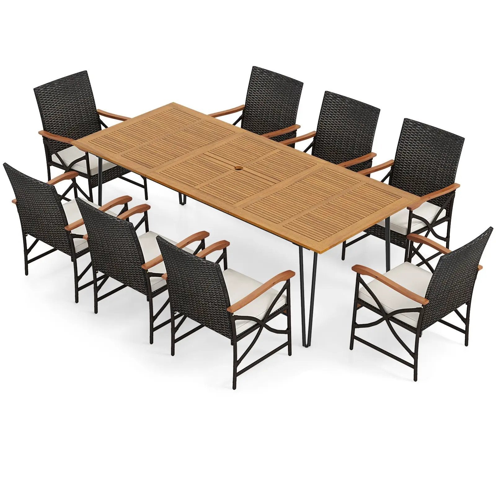 Wicker Patio Furniture Set of 8 Armchairs with Soft Cushions and Acacia Wood Square Table by DirectDeals