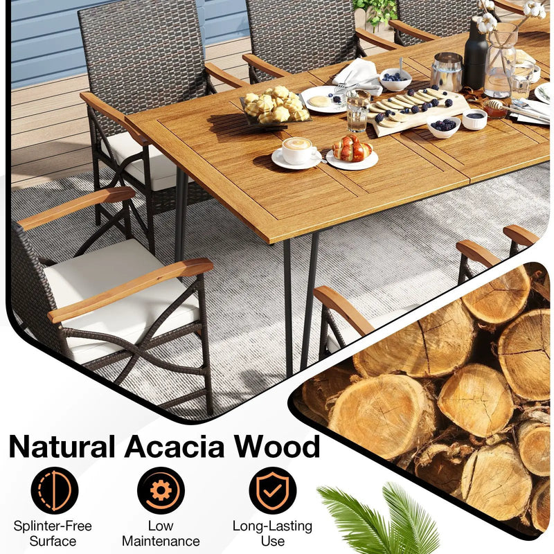 Wicker Patio Furniture Set of 8 Armchairs with Soft Cushions and Acacia Wood Square Table by DirectDeals