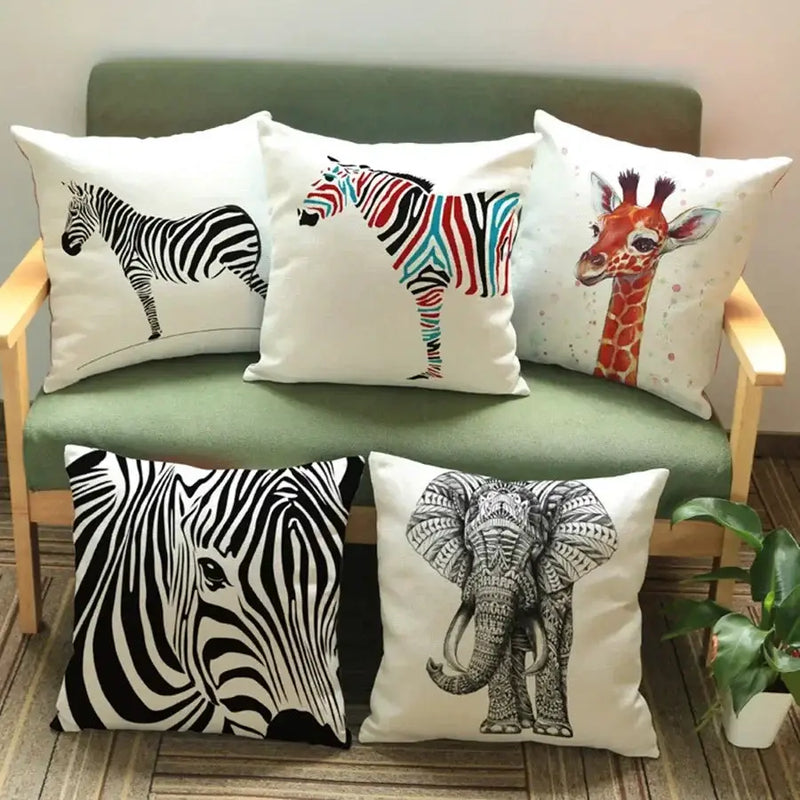 Wild Animal Style Decorative Cushion African Zebra Elephant Giraffe Cushion Square Throw Pillows Cotton Linen Pillowcase 45x45cm by House Of Avana