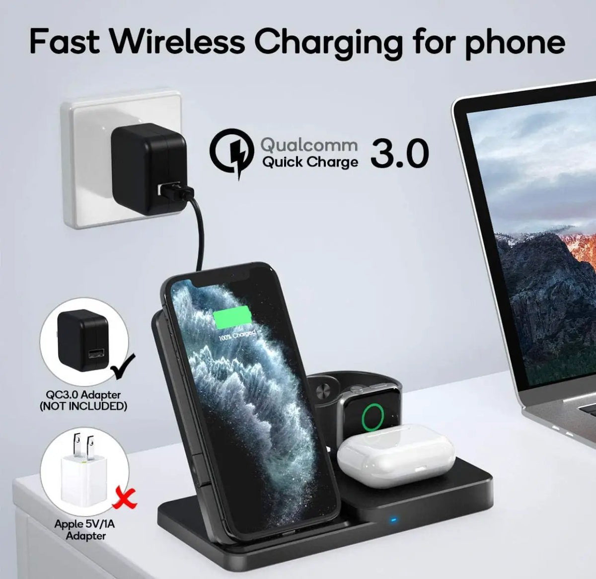 Wireless Charger, Qi-Certified Fast Wireless Charging Station for AirPods/Apple Watch Series/iPhone by Outdoor Solar Outlet