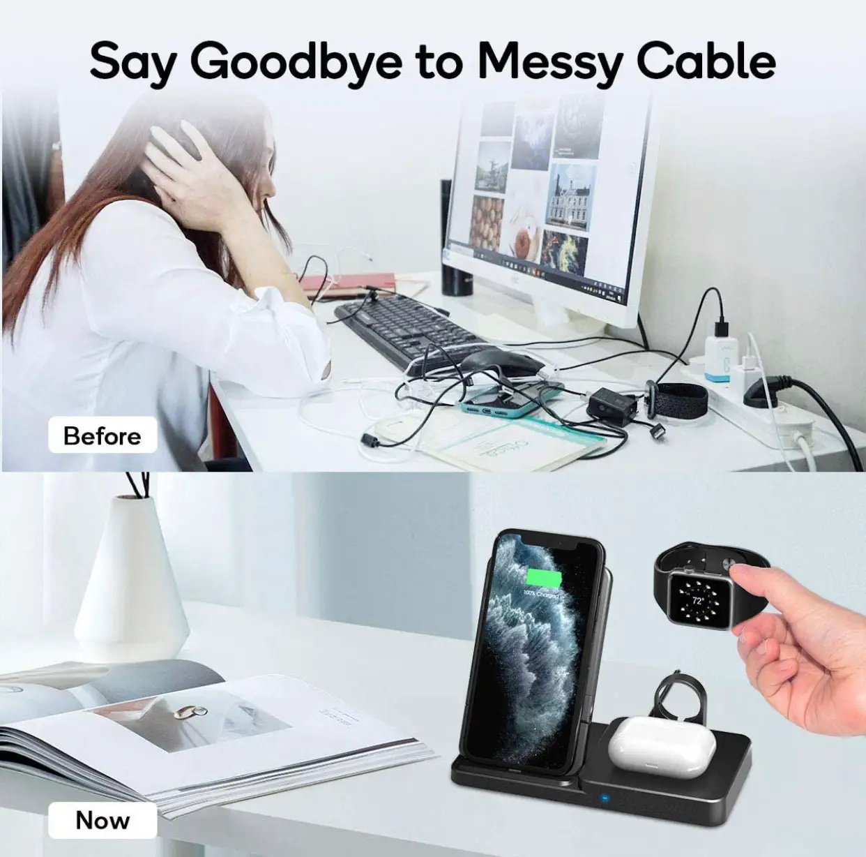Wireless Charger, Qi-Certified Fast Wireless Charging Station for AirPods/Apple Watch Series/iPhone by Outdoor Solar Outlet