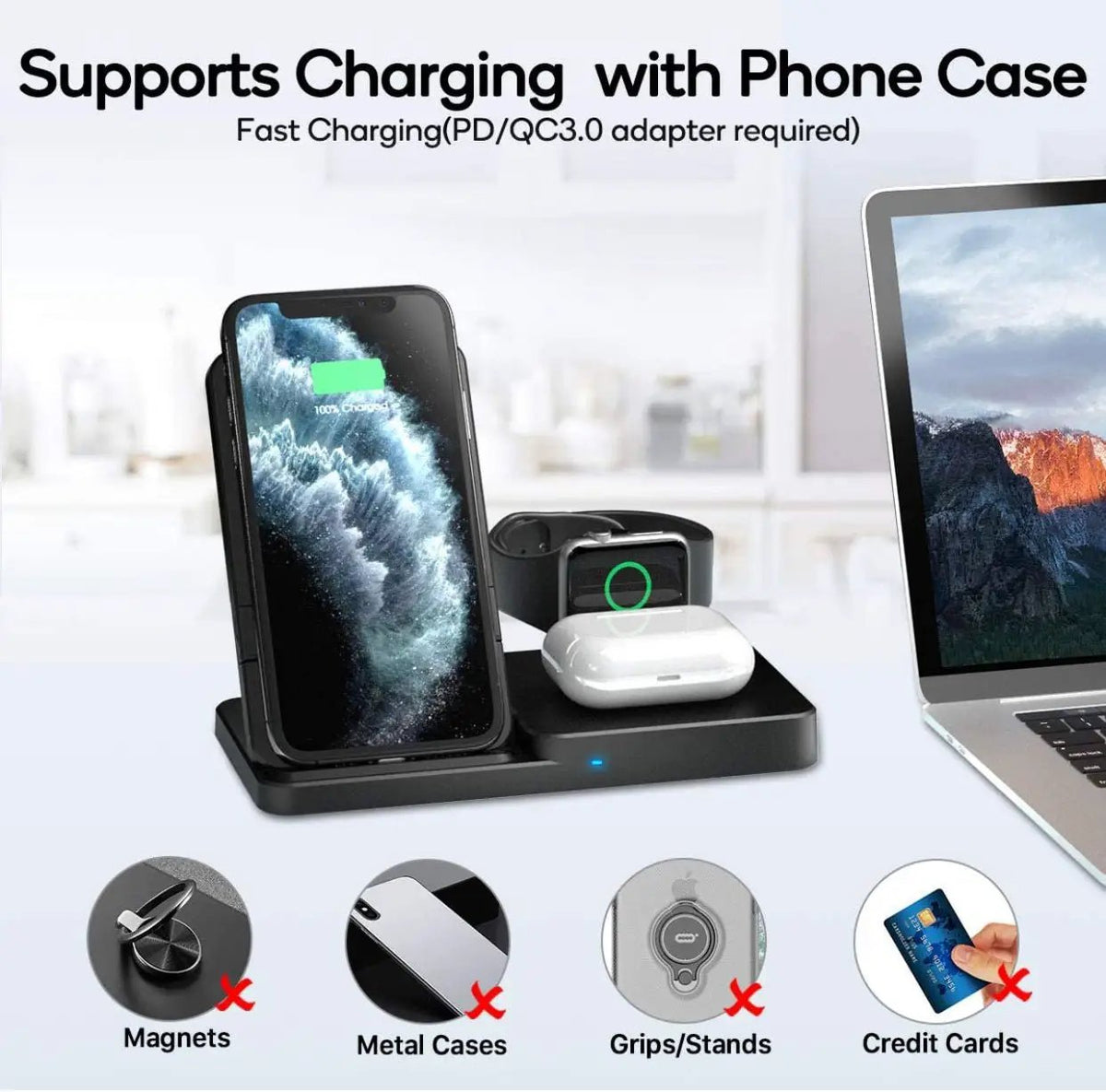Wireless Charger, Qi-Certified Fast Wireless Charging Station for AirPods/Apple Watch Series/iPhone by Outdoor Solar Outlet