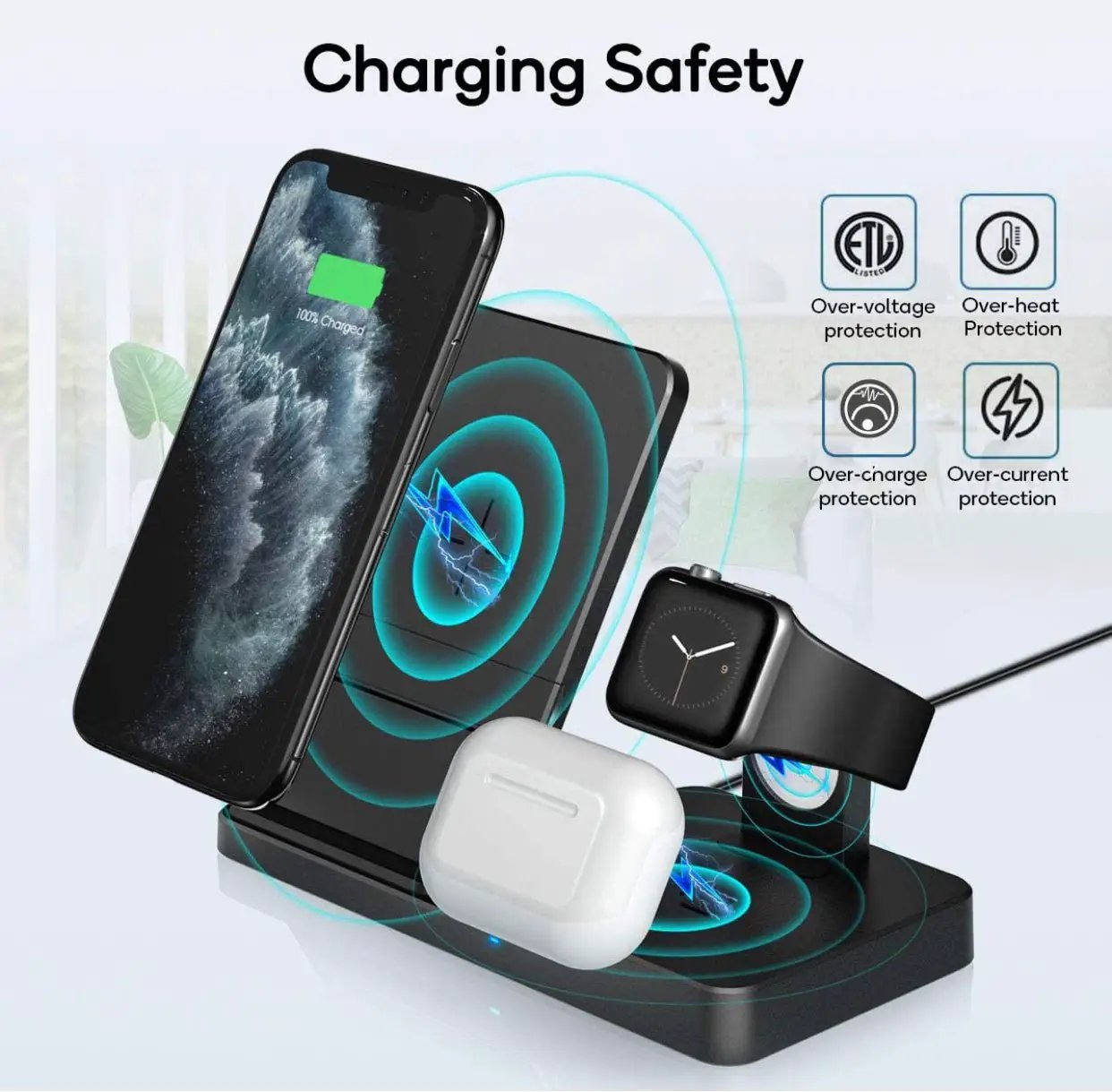 Wireless Charger, Qi-Certified Fast Wireless Charging Station for AirPods/Apple Watch Series/iPhone by Outdoor Solar Outlet
