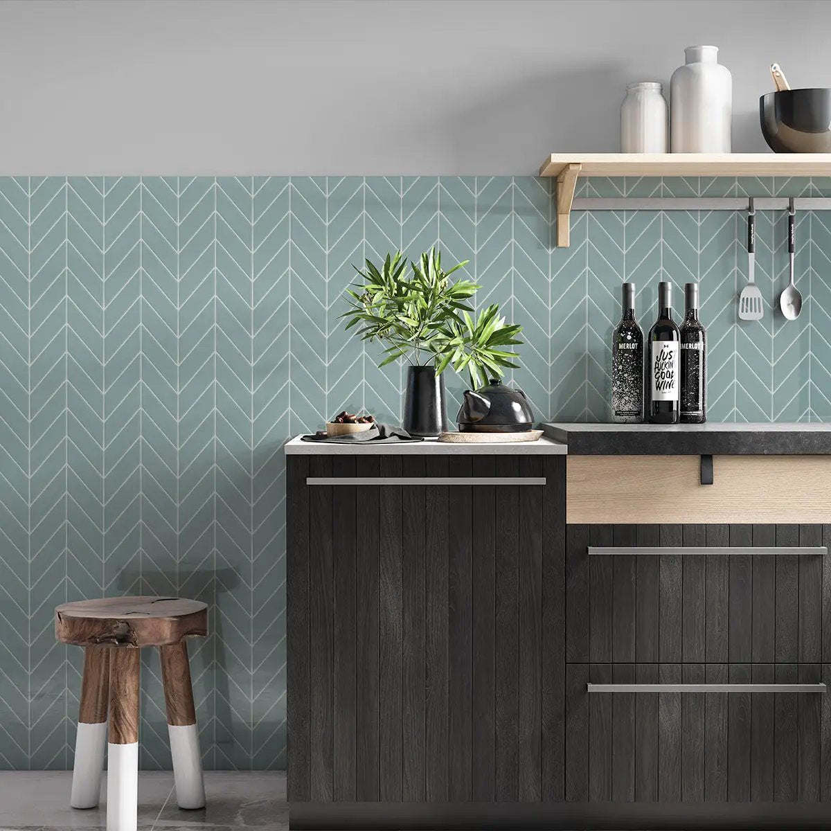 Sage Glossy Chevron Ceramic Wall Tiles 2x6