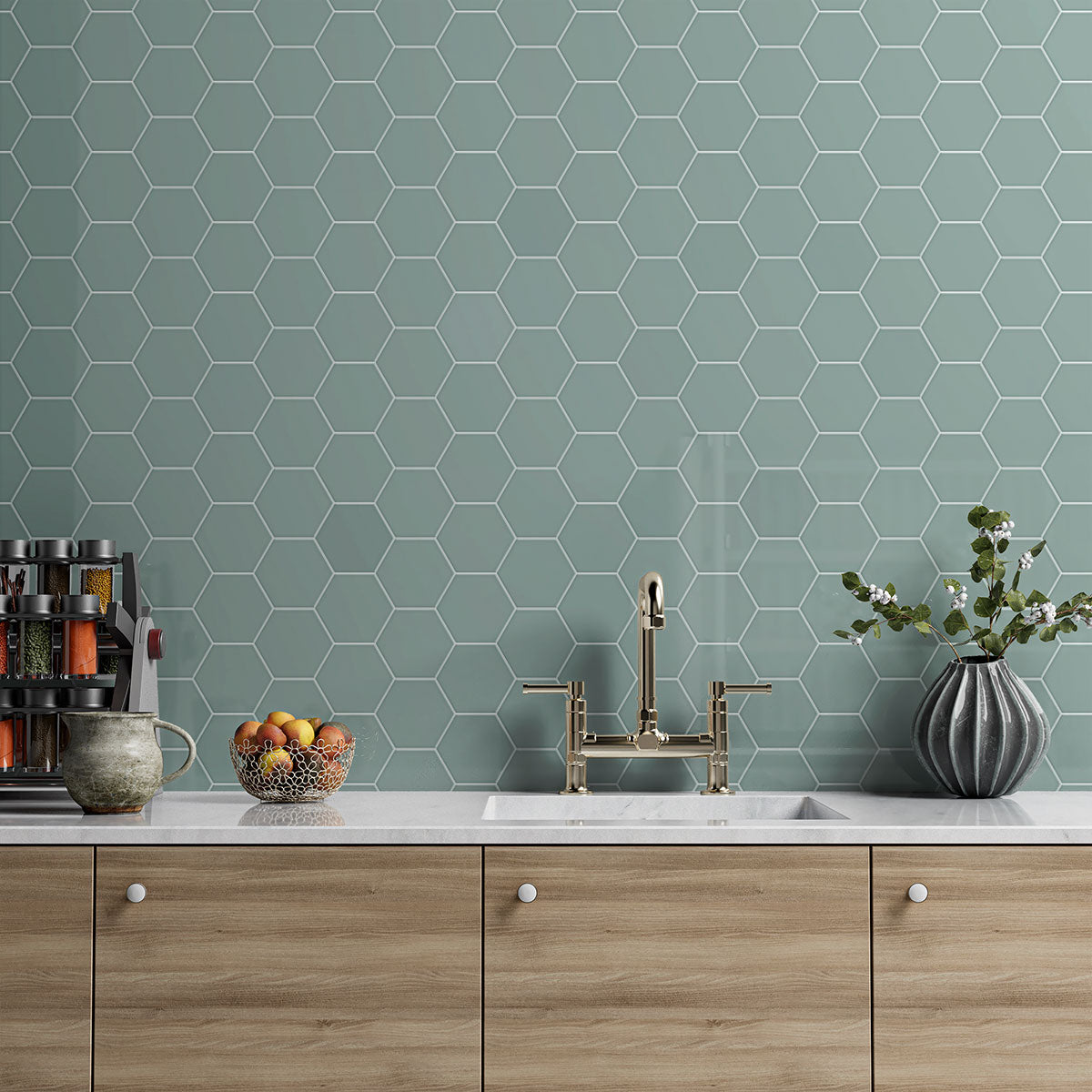 Sage Glossy Hexagon 5 Ceramic Tiles 5 Ceramic Glossy 6x6 Tiles — 2
