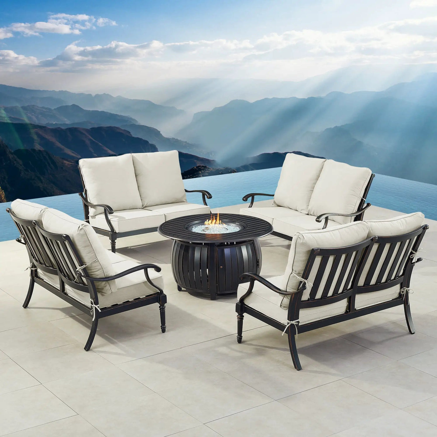 Black Aluminum Fire Table Set with Four Deep Seating Loveseats by Sharicks