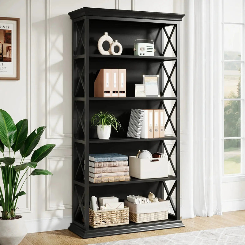 Wood Bookcase 6-Tier 71 Inch Brown with Metal X-Pattern Design by House Of Avana