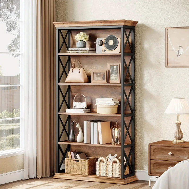 Wood Bookcase 6-Tier 71 Inch Brown with Metal X-Pattern Design by House Of Avana