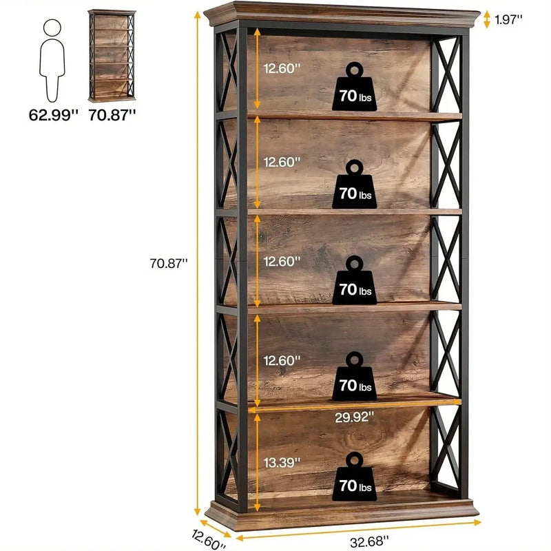Wood Bookcase 6-Tier 71 Inch Brown with Metal X-Pattern Design by House Of Avana