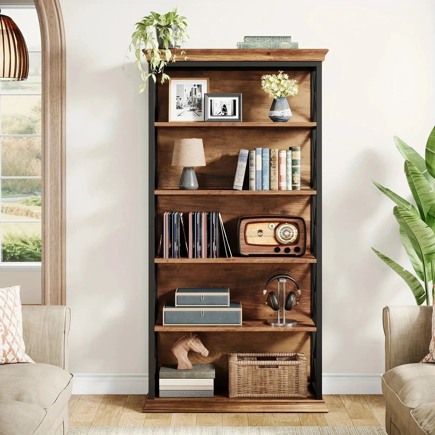 Wood Bookcase 6-Tier 71 Inch Brown with Metal X-Pattern Design by House Of Avana