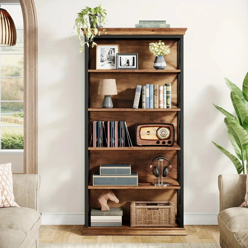 Wood Bookcase 6-Tier 71 Inch Brown with Metal X-Pattern Design by House Of Avana