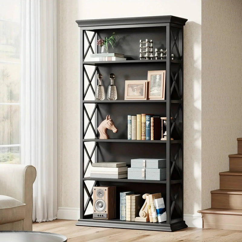 Wood Bookcase 6-Tier 71 Inch Brown with Metal X-Pattern Design by House Of Avana