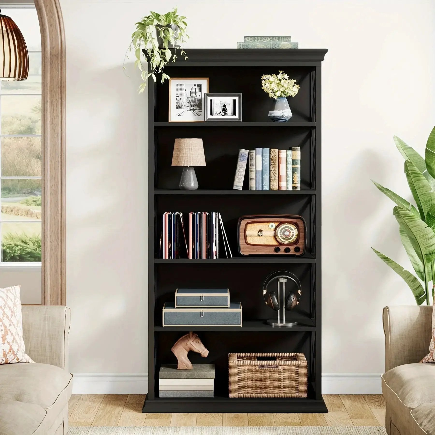 Wood Bookcase 6-Tier 71 Inch Brown with Metal X-Pattern Design by House Of Avana