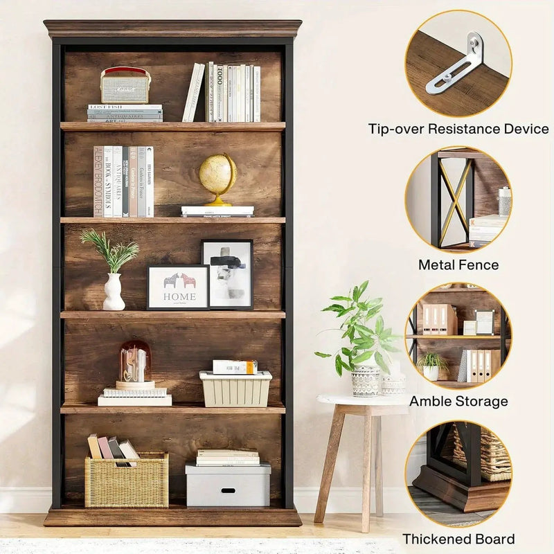 Wood Bookcase 6-Tier 71 Inch Brown with Metal X-Pattern Design by House Of Avana