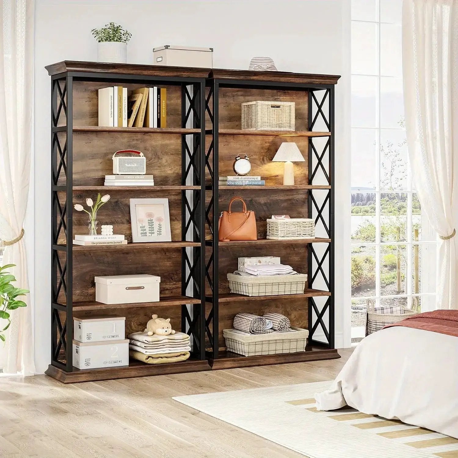 Wood Bookcase 6-Tier 71 Inch Brown with Metal X-Pattern Design by House Of Avana