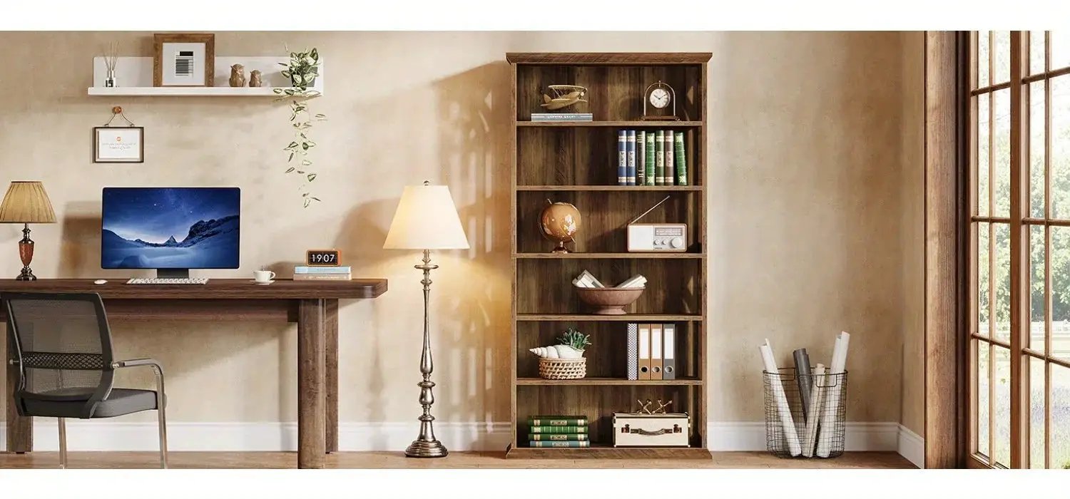 Wood Bookcase 6-Tier 75-Inch Brown Freestanding Shelves by House Of Avana