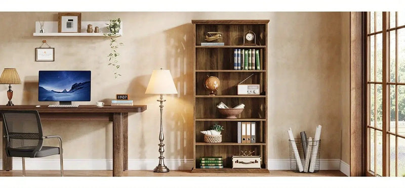 Wood Bookcase 6-Tier 75-Inch Brown Freestanding Shelves by House Of Avana