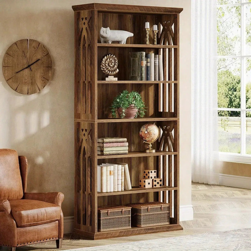 Wood Bookcase 6-Tier 75-Inch Brown Freestanding Shelves by House Of Avana