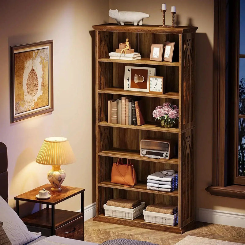 Wood Bookcase 6-Tier 75-Inch Brown Freestanding Shelves by House Of Avana