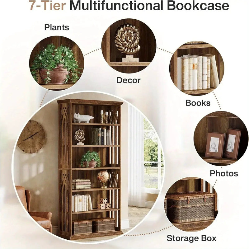 Wood Bookcase 6-Tier 75-Inch Brown Freestanding Shelves by House Of Avana