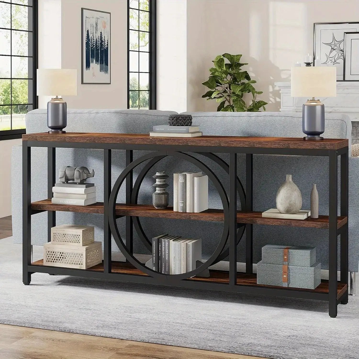 Wood Sofa Console Table with 3 Tier Storage, 70.9 inch, Black by House Of Avana