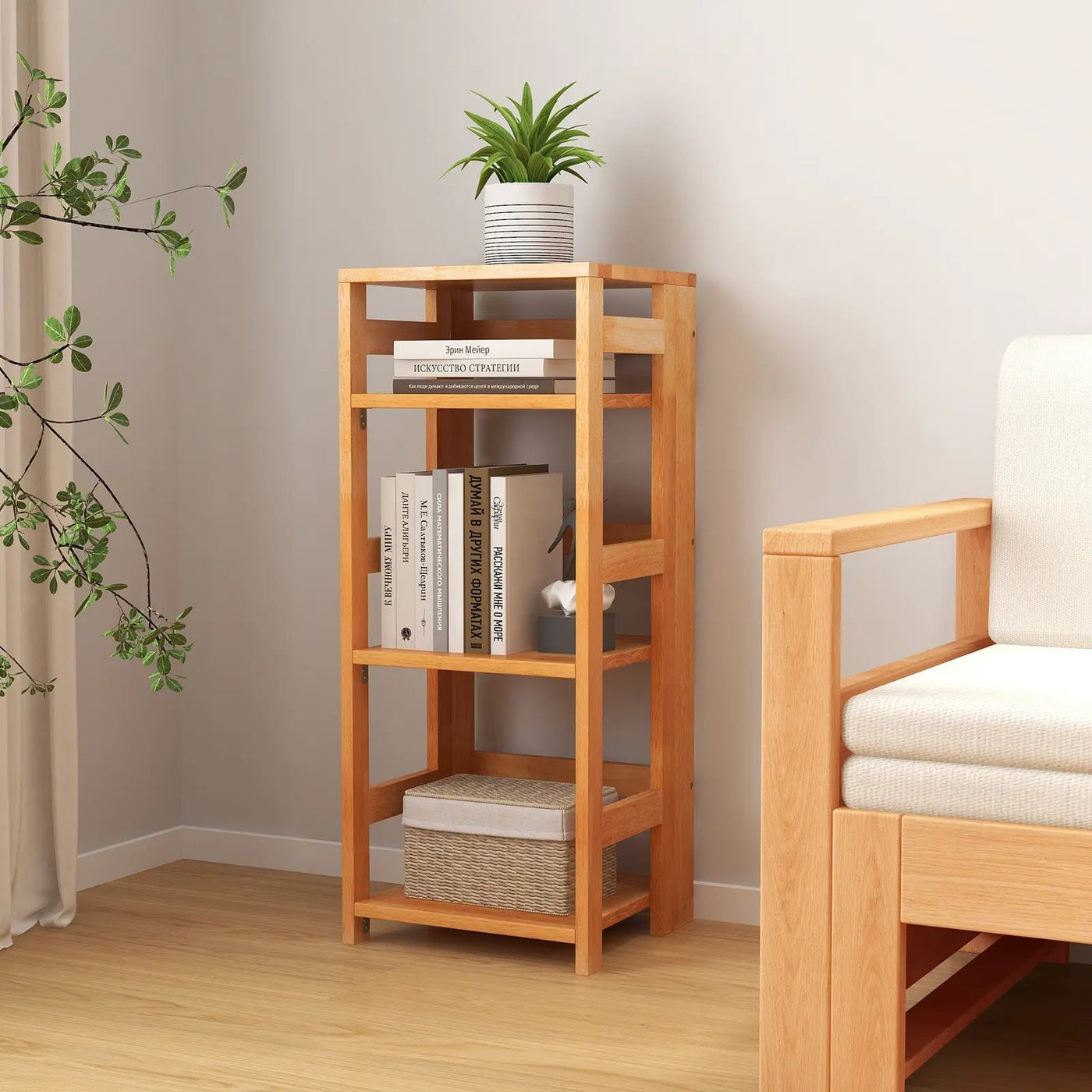 4-Tier Bookshelf Rubber Wood Bookcase with Side Fences for Living Room by DirectDeals