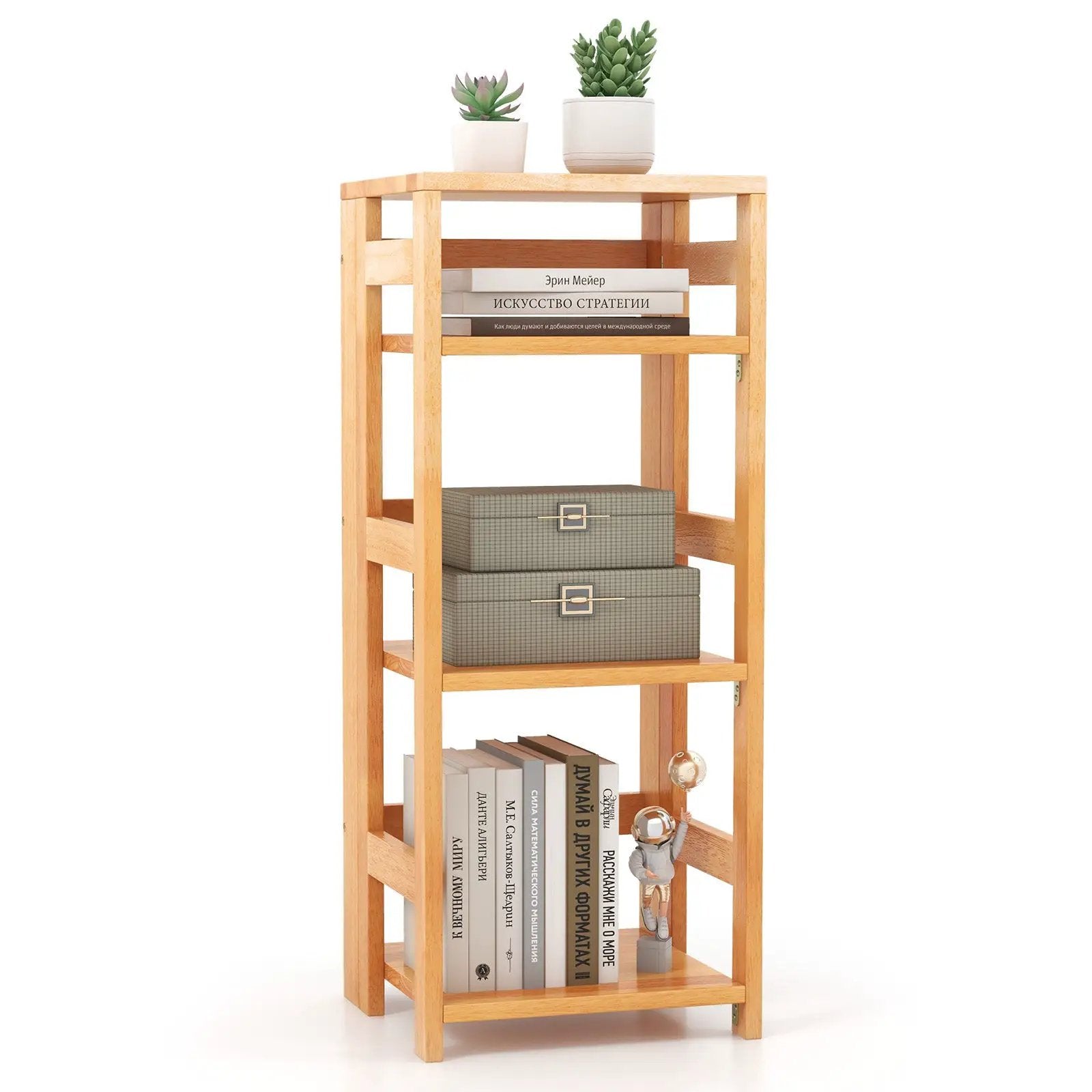 4-Tier Bookshelf Rubber Wood Bookcase with Side Fences for Living Room by DirectDeals