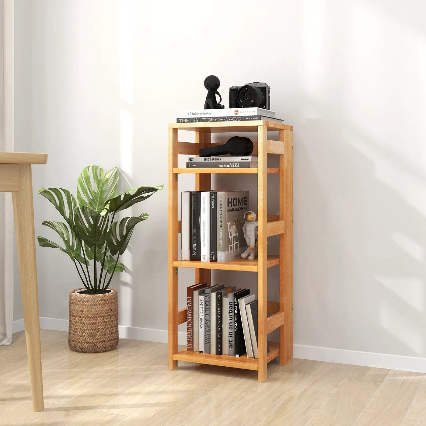 4-Tier Bookshelf Rubber Wood Bookcase with Side Fences for Living Room by DirectDeals