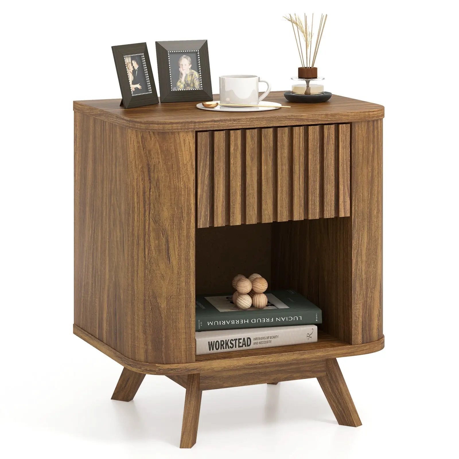 Mid-century Wood Nightstand with Drawer and Open Shelf-Walnut by DirectDeals
