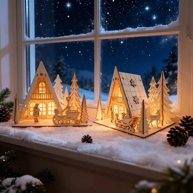 Wooden 3D Christmas House Decoration with Laser-Cut Santa Scene by House Of Avana