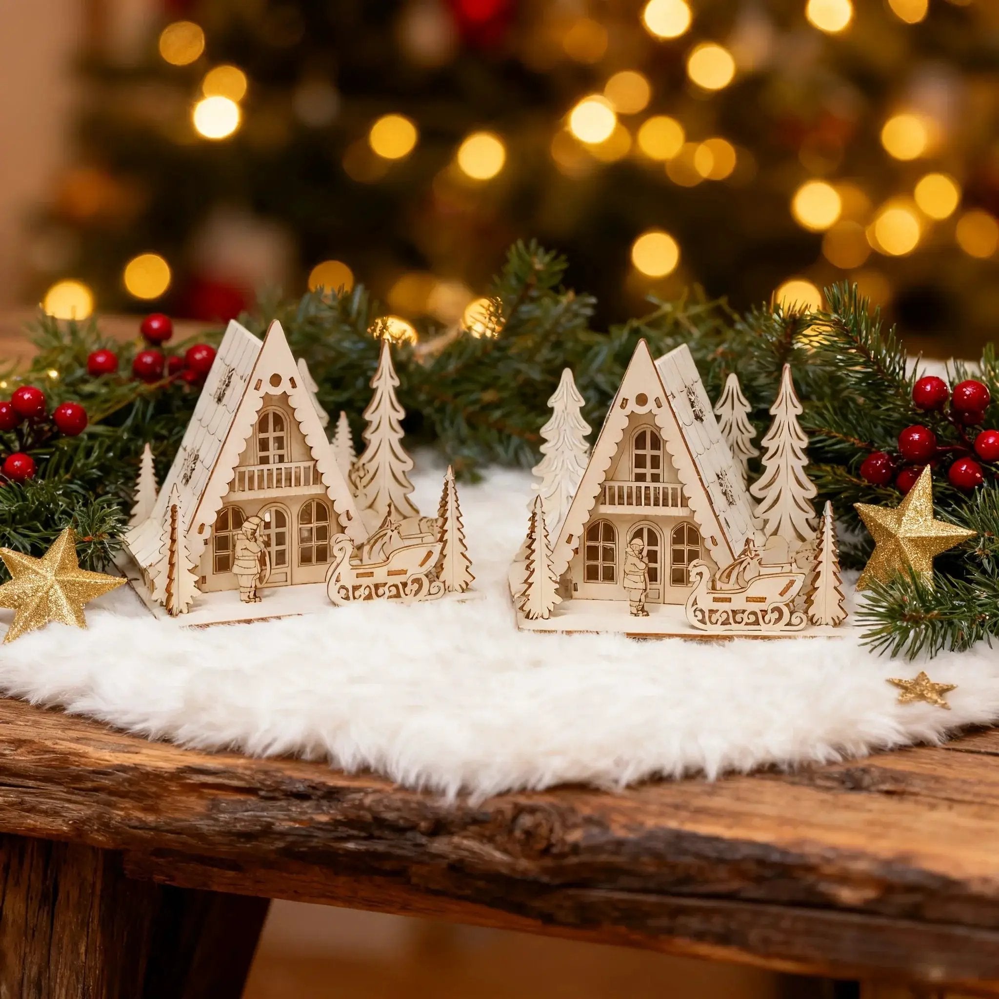 Wooden 3D Christmas House Decoration with Laser-Cut Santa Scene by House Of Avana