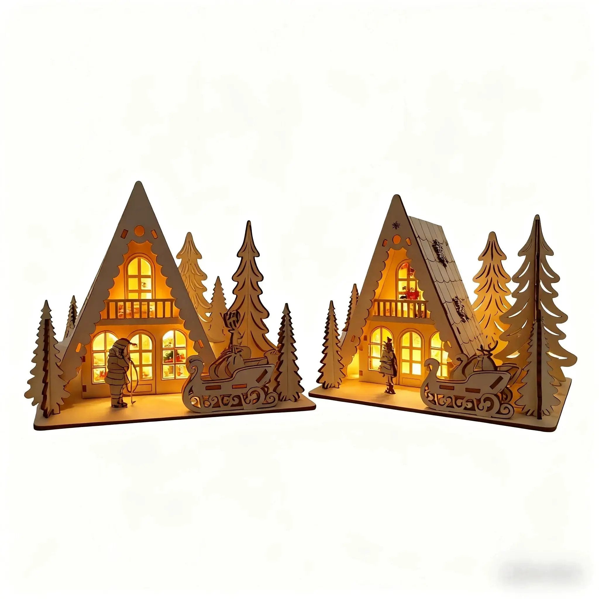 Wooden 3D Christmas House Decoration with Laser-Cut Santa Scene by House Of Avana