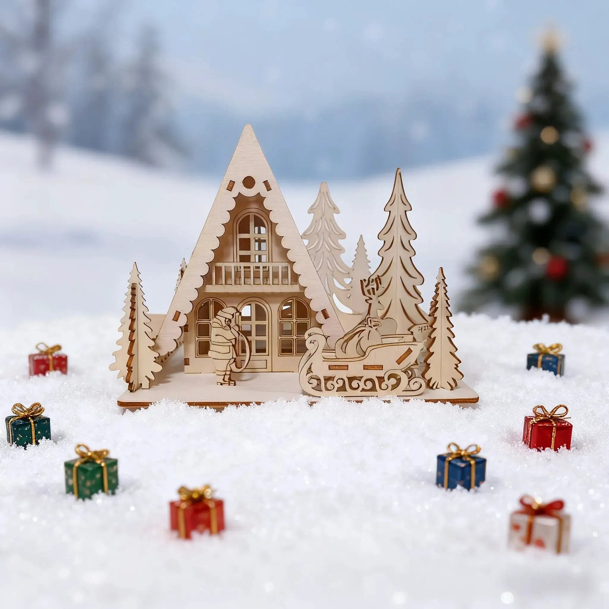 Wooden 3D Christmas House Decoration with Laser-Cut Santa Scene by House Of Avana