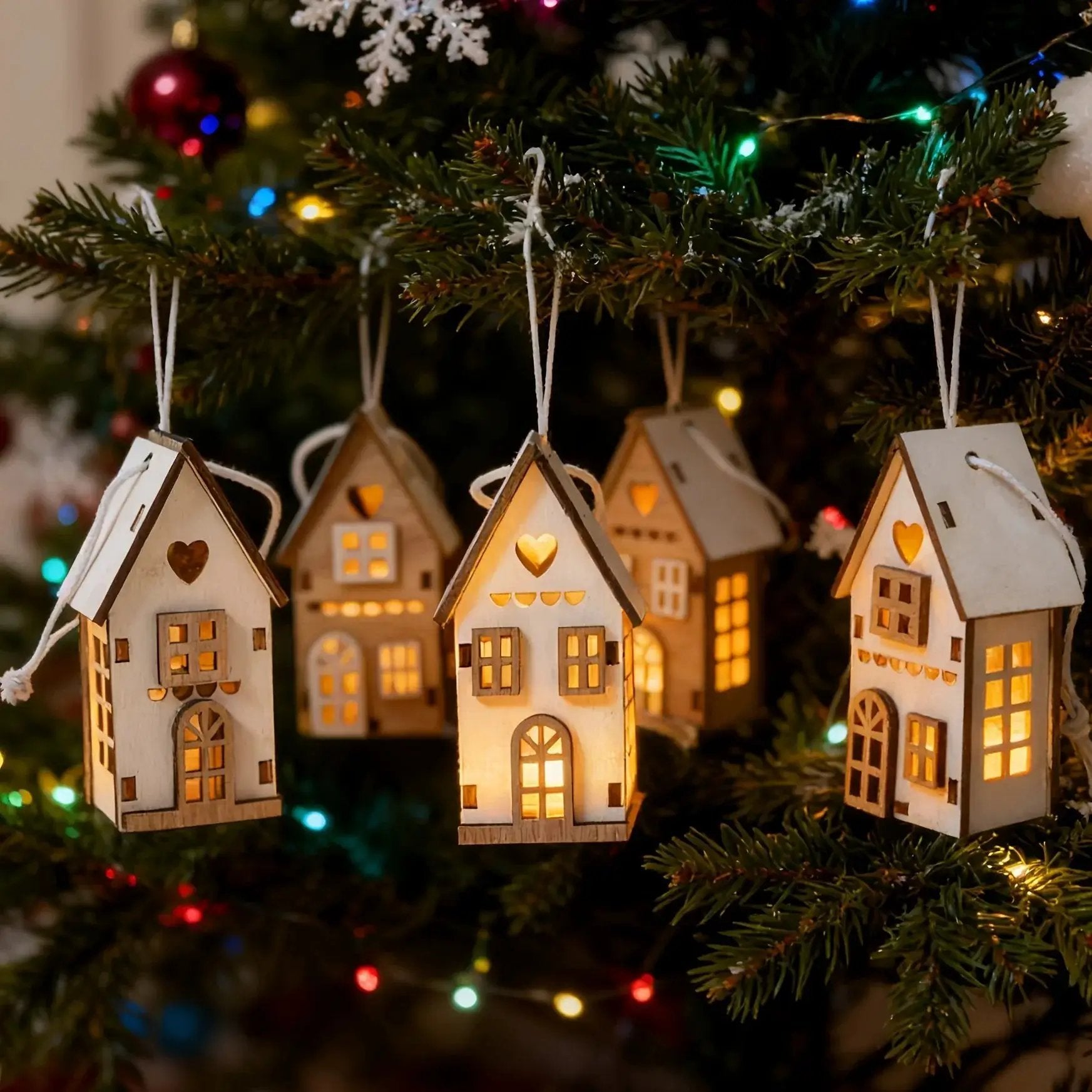 Wooden 3D Hanging House Ornament Brown and White with Windows by House Of Avana