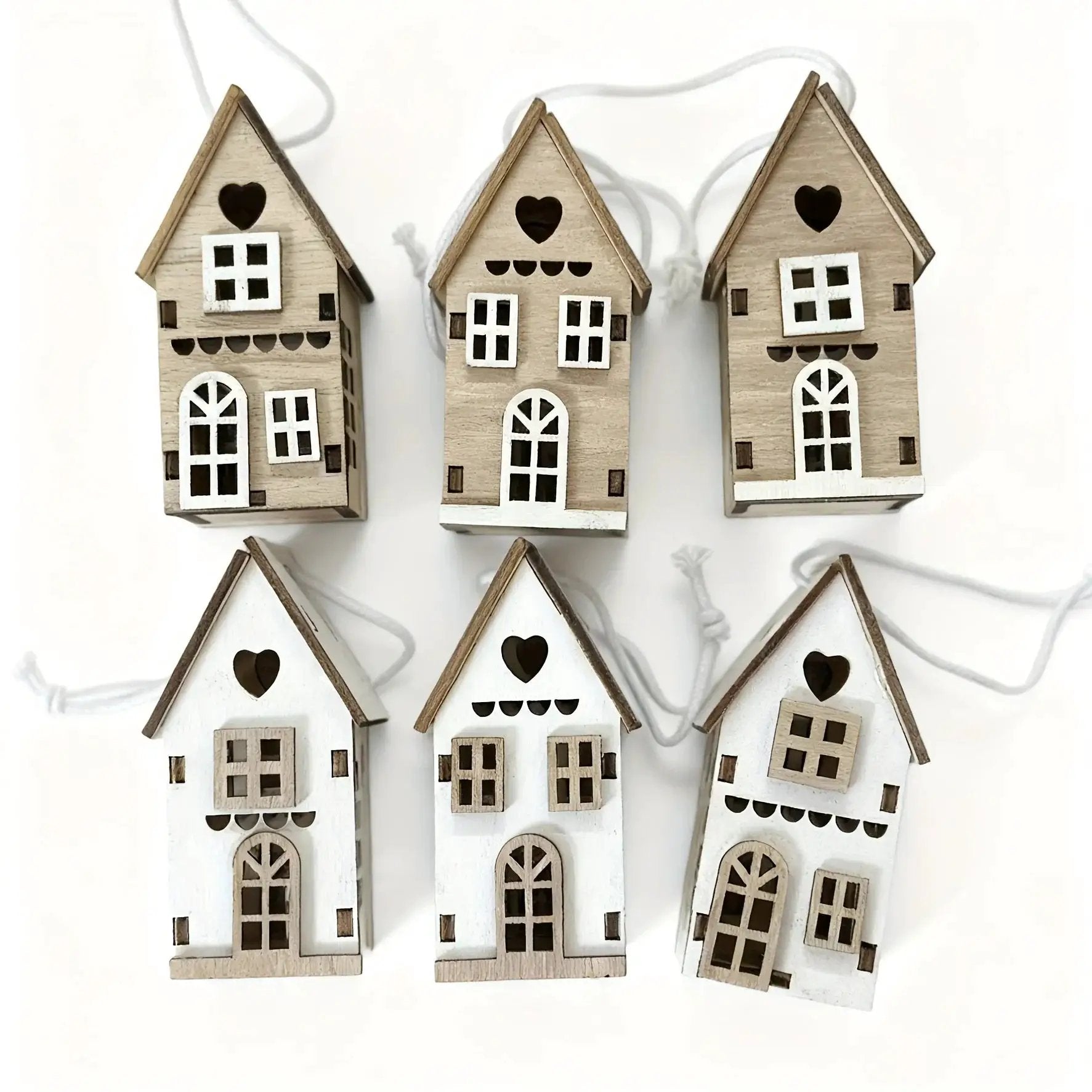 Wooden 3D Hanging House Ornament Brown and White with Windows by House Of Avana