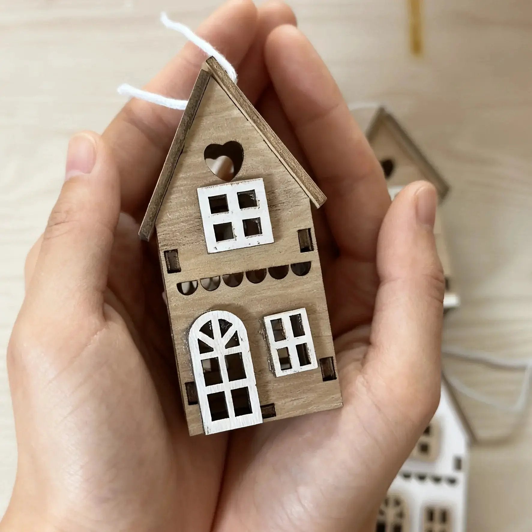 Wooden 3D Hanging House Ornament Brown and White with Windows by House Of Avana