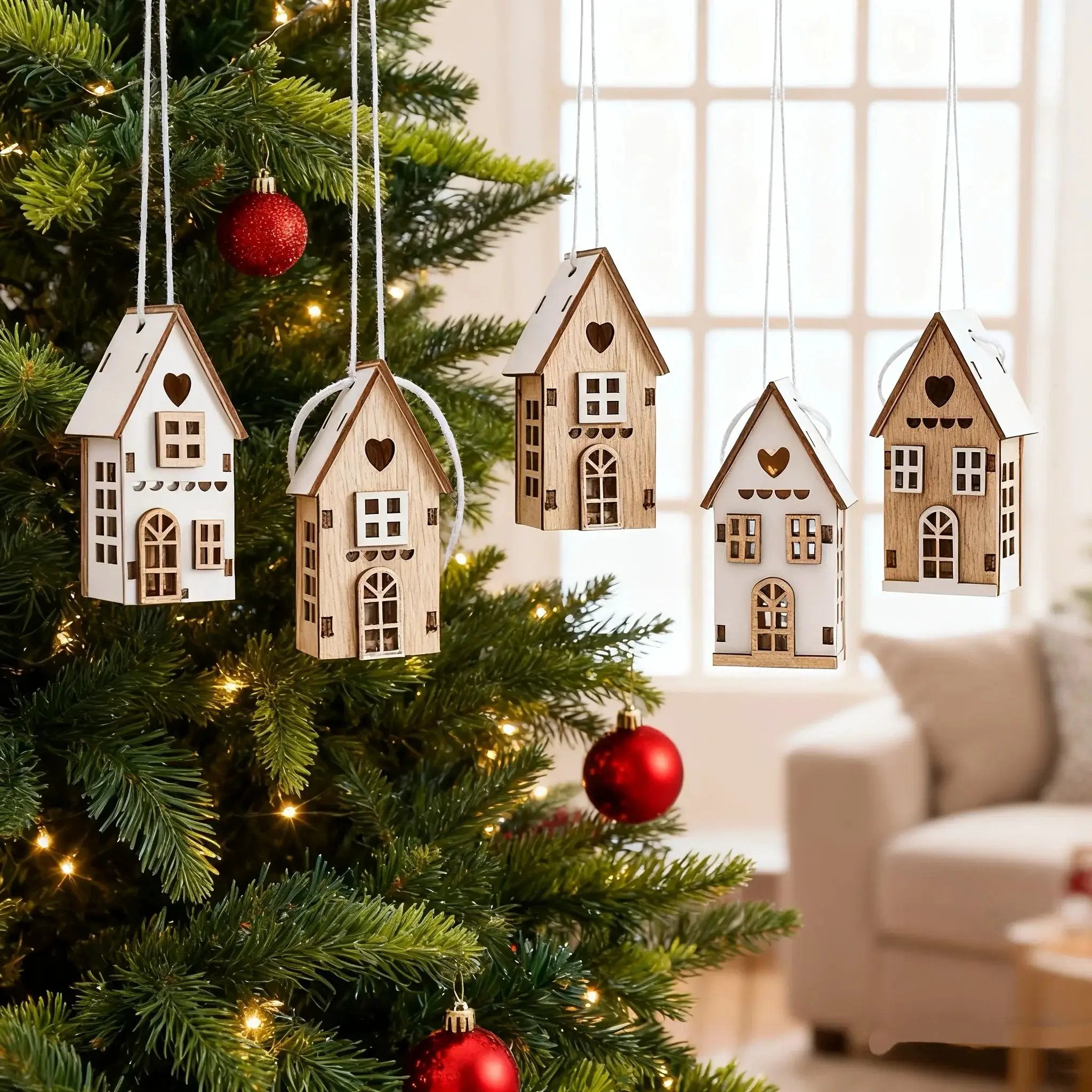 Wooden 3D Hanging House Ornament Brown and White with Windows by House Of Avana