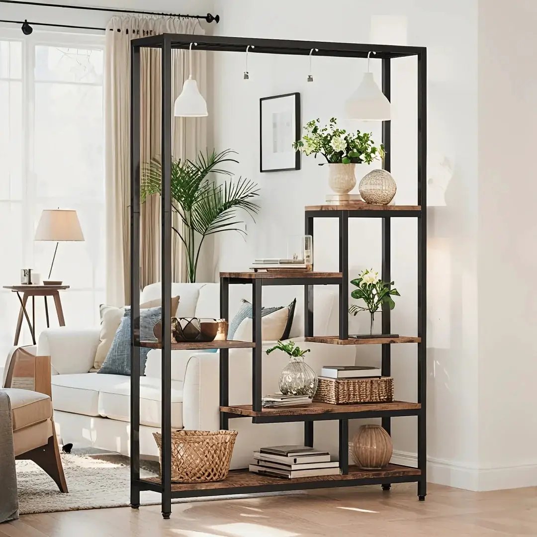 Wooden 5-Tier Bookshelf with Hanging Hooks, 70.9 Inch Tall Natural Wood Plant Stand by House Of Avana