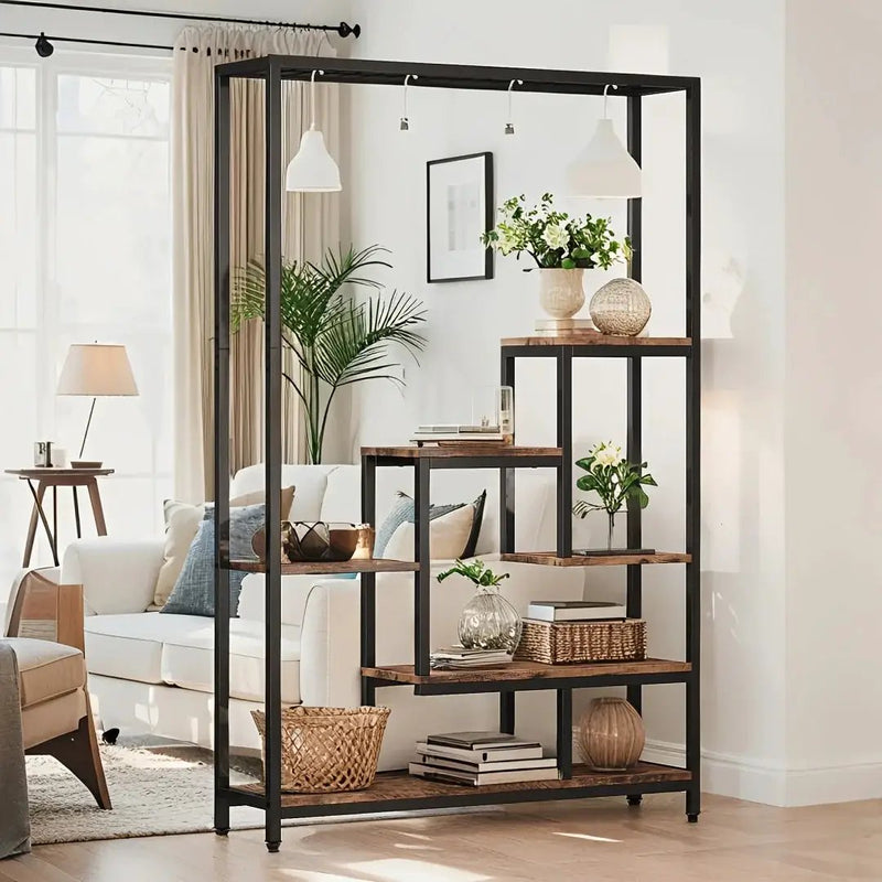 Wooden 5-Tier Bookshelf with Hanging Hooks, 70.9 Inch Tall Natural Wood Plant Stand by House Of Avana
