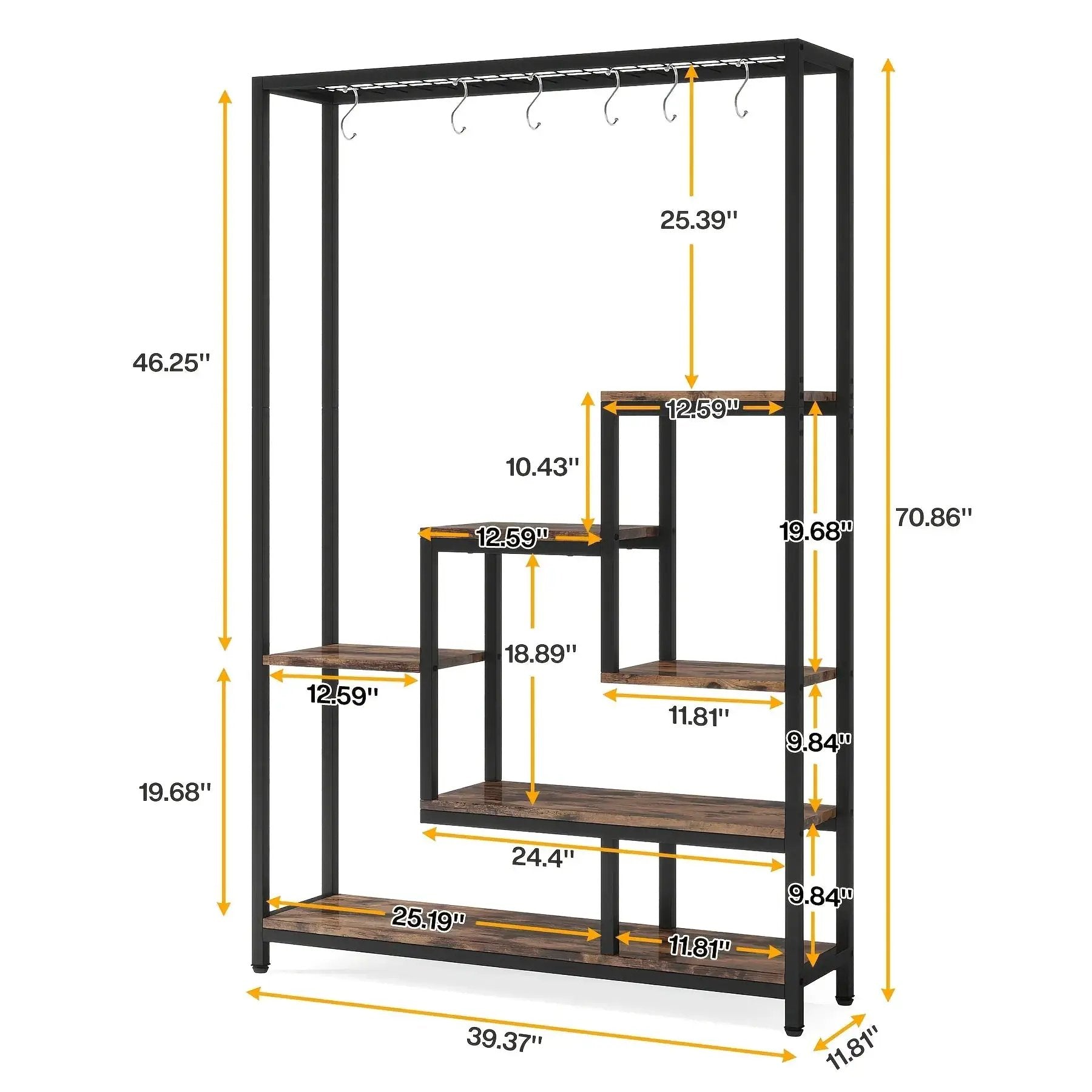 Wooden 5-Tier Bookshelf with Hanging Hooks, 70.9 Inch Tall Natural Wood Plant Stand by House Of Avana