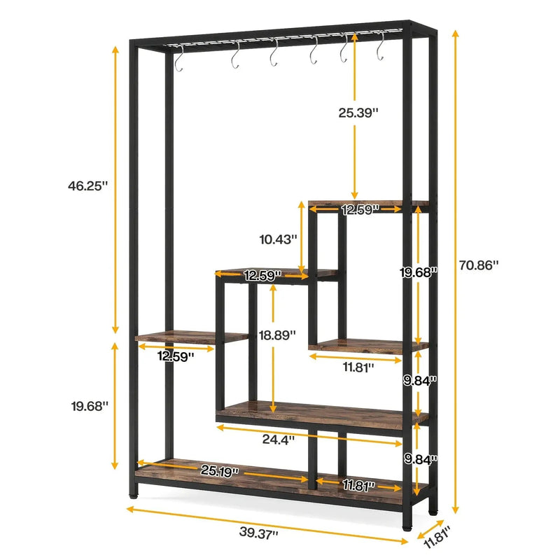 Wooden 5-Tier Bookshelf with Hanging Hooks, 70.9 Inch Tall Natural Wood Plant Stand by House Of Avana