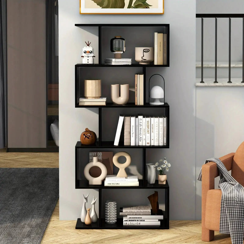 Wooden 5-Tier Geometric Bookshelf with S-Shaped Design by House Of Avana
