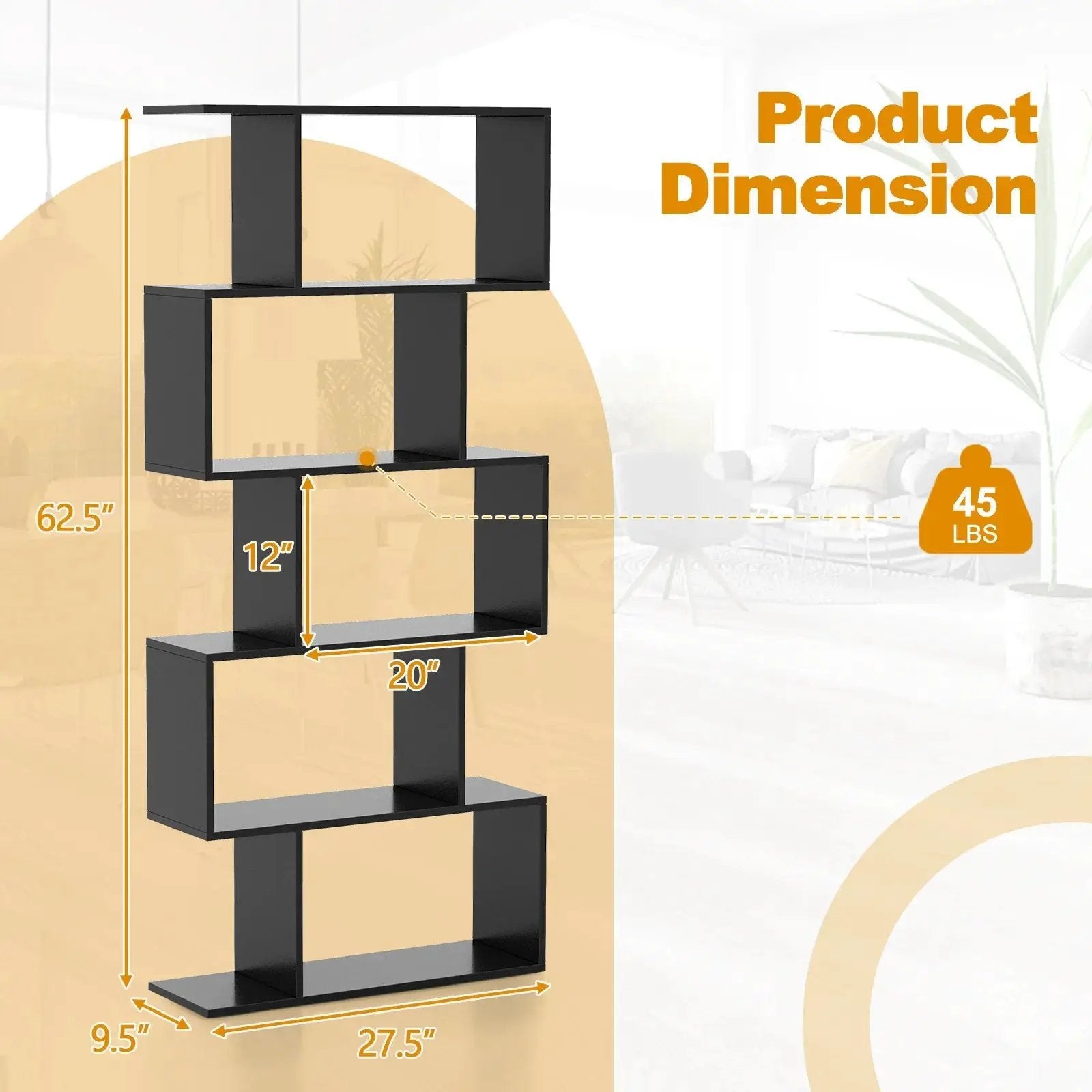 Wooden 5-Tier Geometric Bookshelf with S-Shaped Design by House Of Avana