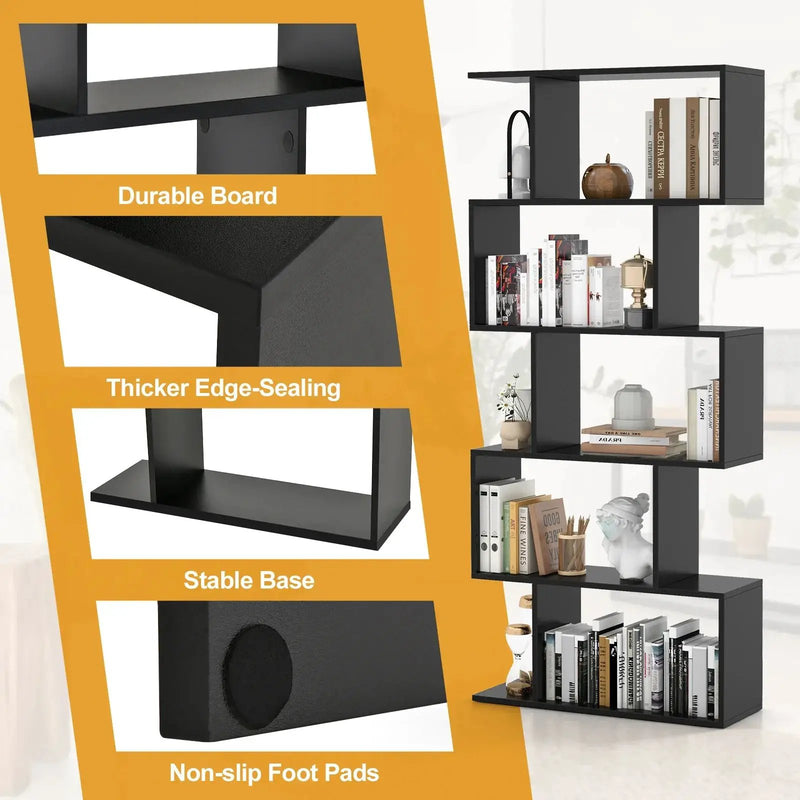 Wooden 5-Tier Geometric Bookshelf with S-Shaped Design by House Of Avana