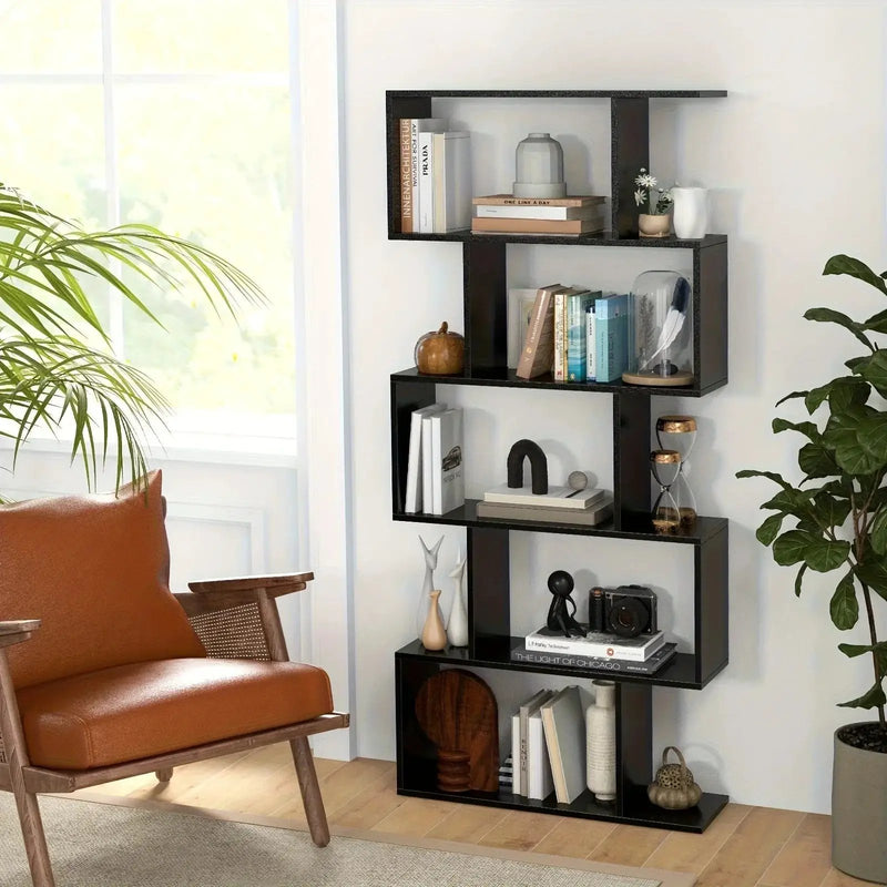 Wooden 5-Tier Geometric Bookshelf with S-Shaped Design by House Of Avana