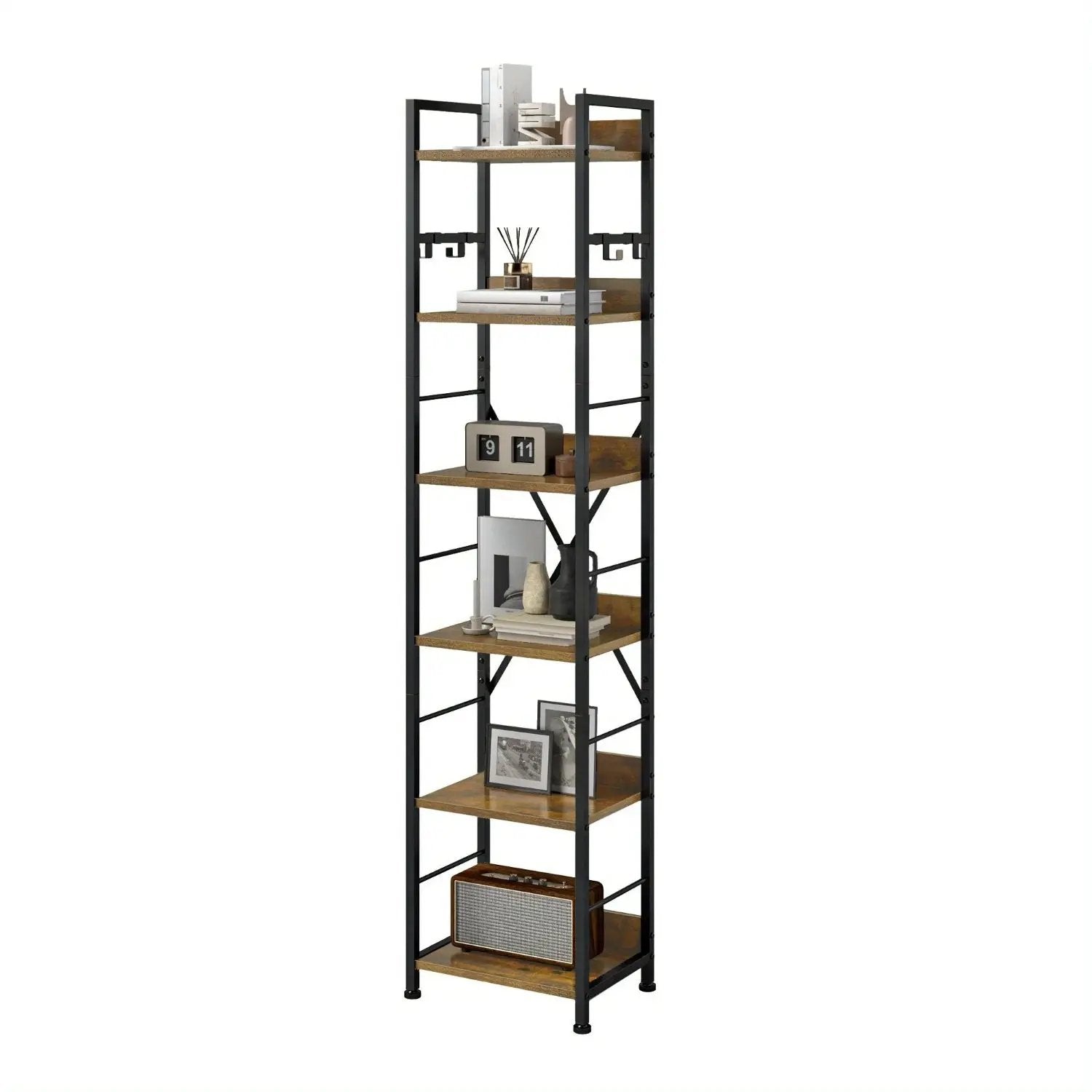 Wooden 6-Tier Brown Bookshelf with Storage Hooks by House Of Avana